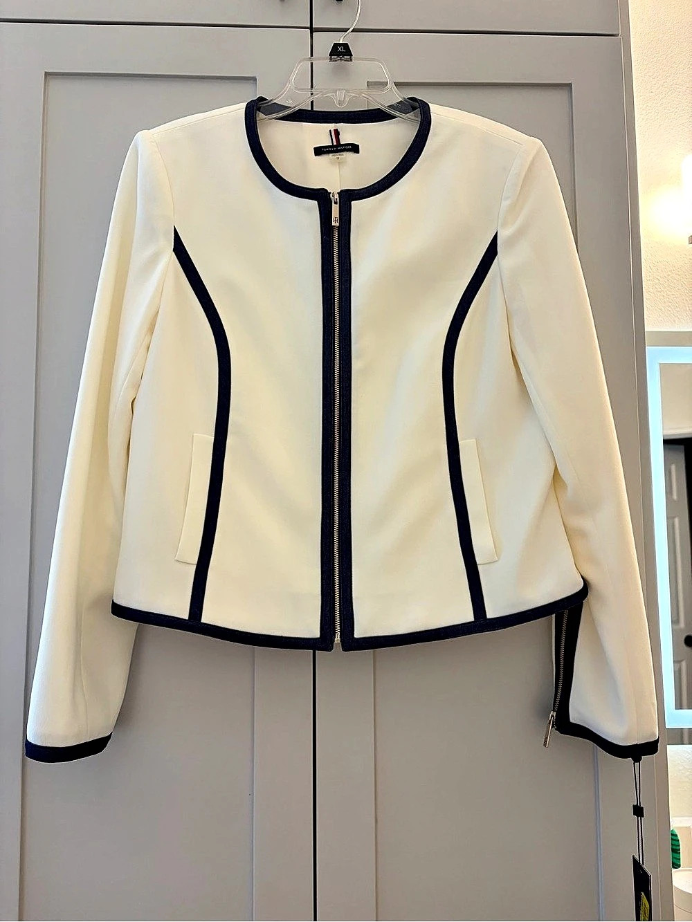 Tommy Hilfiger Contrast Trim Zip Front Blazer White & Navy Size 12 NWT